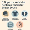 Infografik mit 5 Tipps zur Wahl des richtigen Textils für Textildruck – Material, Grammatur, Schnitt, Farbe und Einsatzzweck